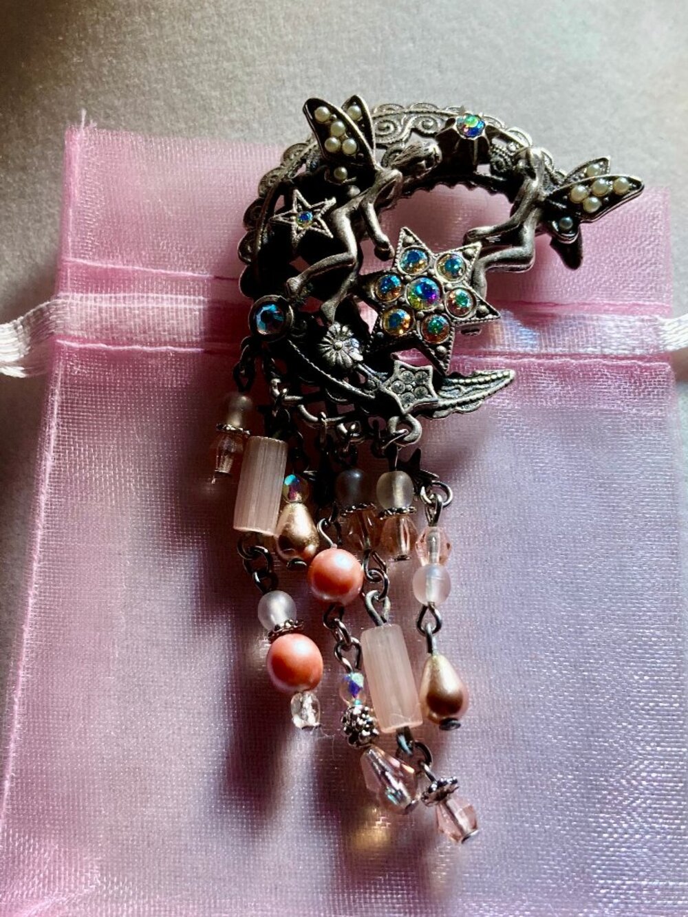 KIRKS FOLLY  CRESCENT MOON W/FAIRIES AND DANGLING BEADS BROOCH